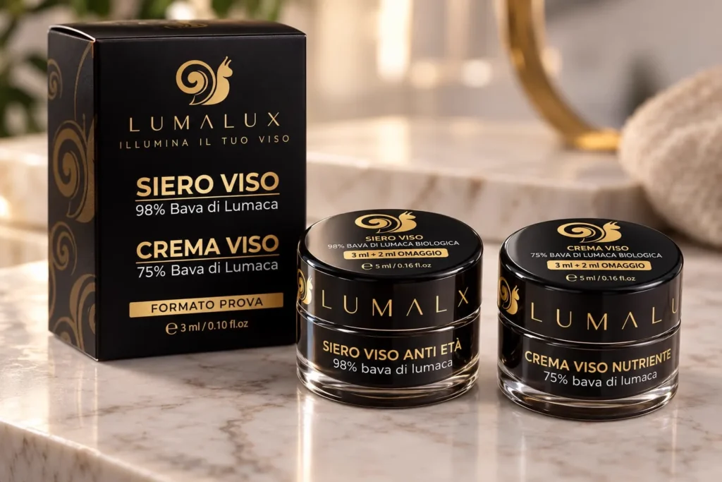 Formato Prova Lumalux: Siero Viso 98% e Crema Viso 75% bava di lumaca in vasetti da 5 ml